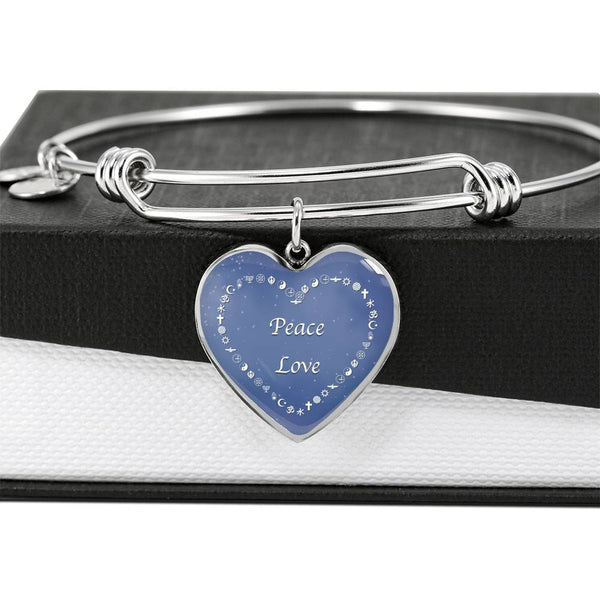 "Peace, Love" Religions Heart Charm with Adjustable Bangle Bracelet