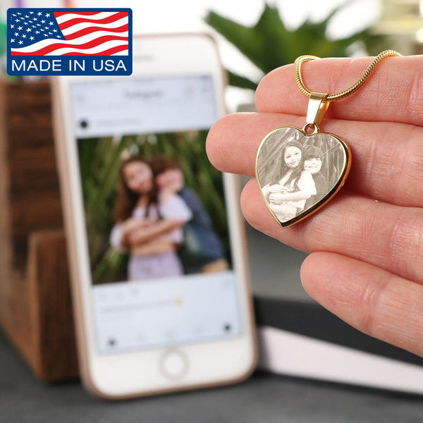 Photo Etched Heart Pendant with Luxury Adjustable Necklace - Personalized & Custom