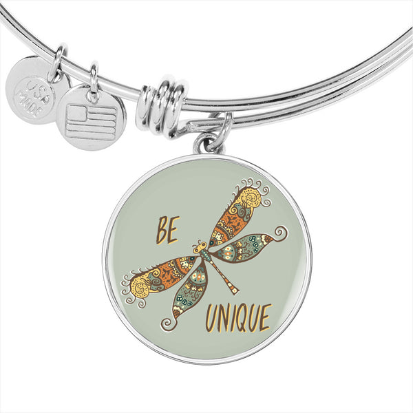 "Be Unique" Dragonfly Charm with Adjustable Bangle Bracelet