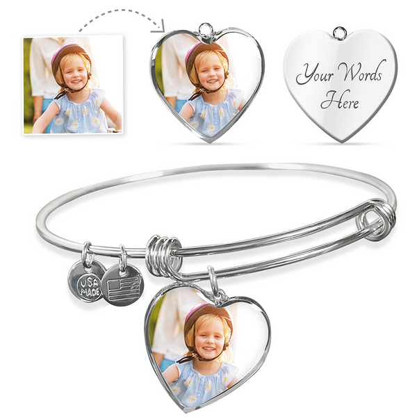 Personalized Custom Heart Charm Bangle Bracelet - One-of-a-Kind, Memorable Keepsake